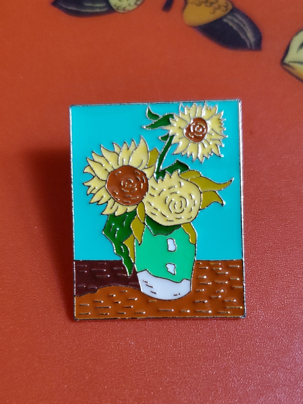 Three Sunflower's Enamel Pin with Turquoise Backdrop Van Gogh